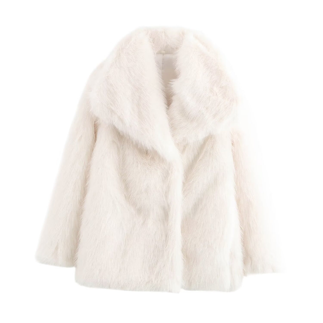 Damen Kurz geschnittener Faux-Fur-Mantel mit voluminösem Schalkragen und geradem Schnitt Nord Taschen