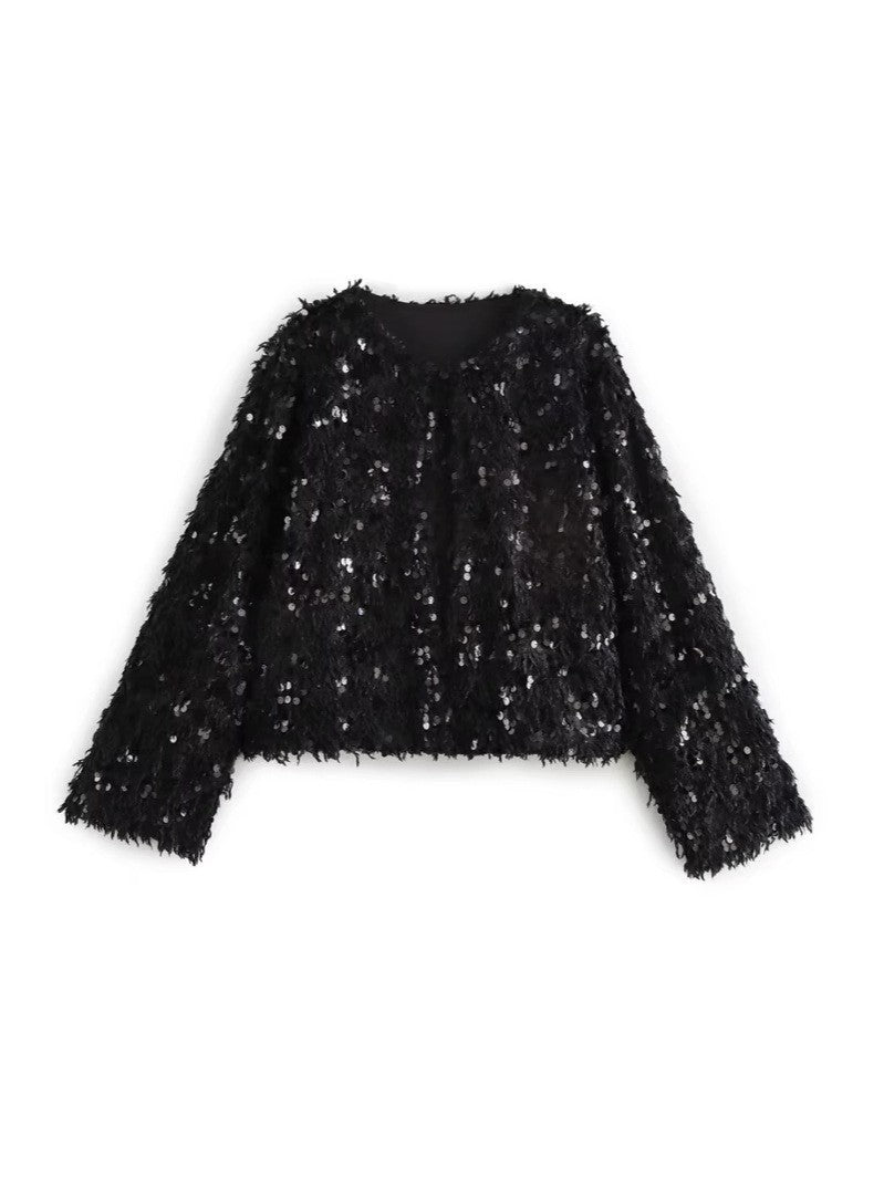 Damen Cropped‑Jacke aus flauschigem Faux‑Fur mit Paillettenbesatz Nord Taschen