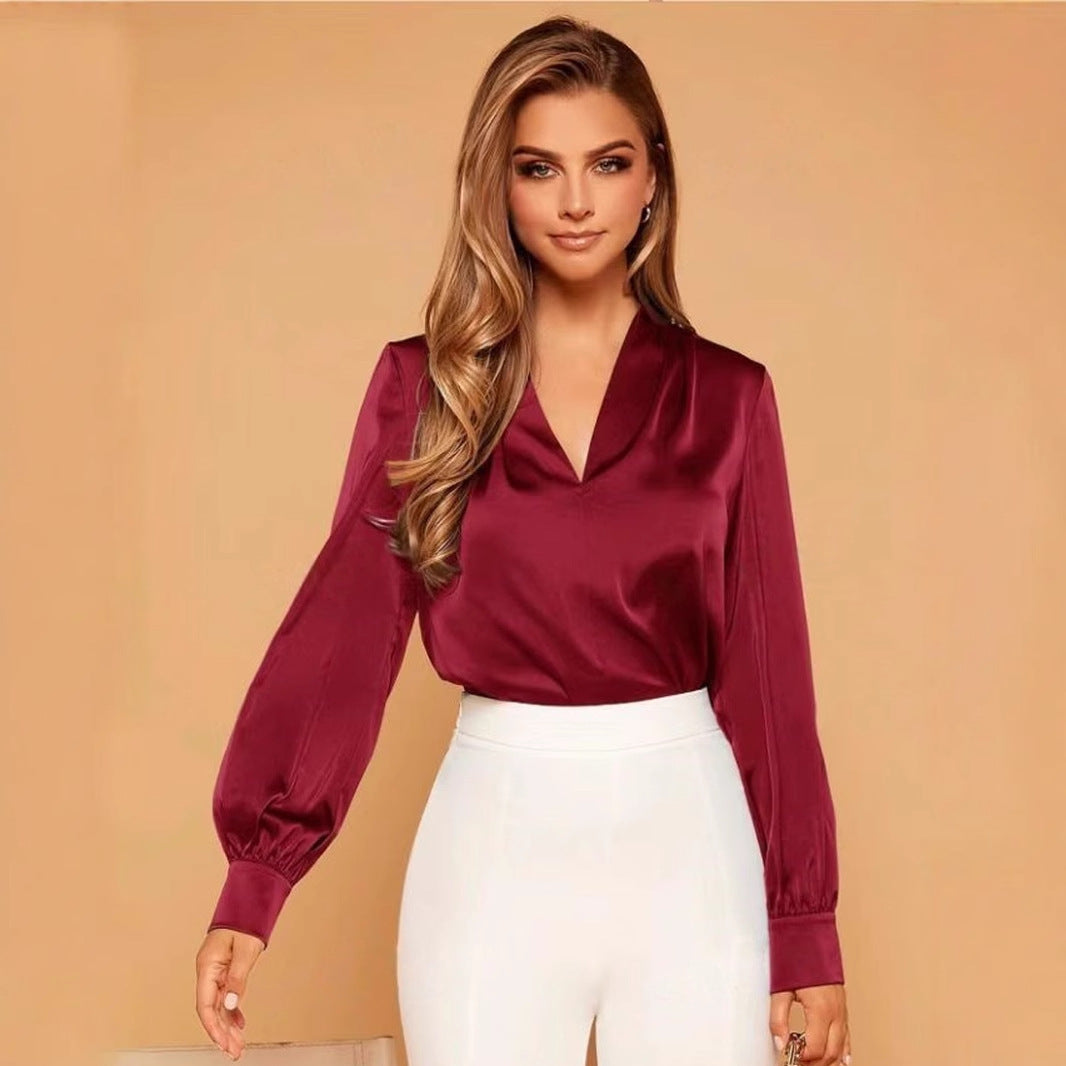 V-Ausschnitt Langarm Satin Bluse