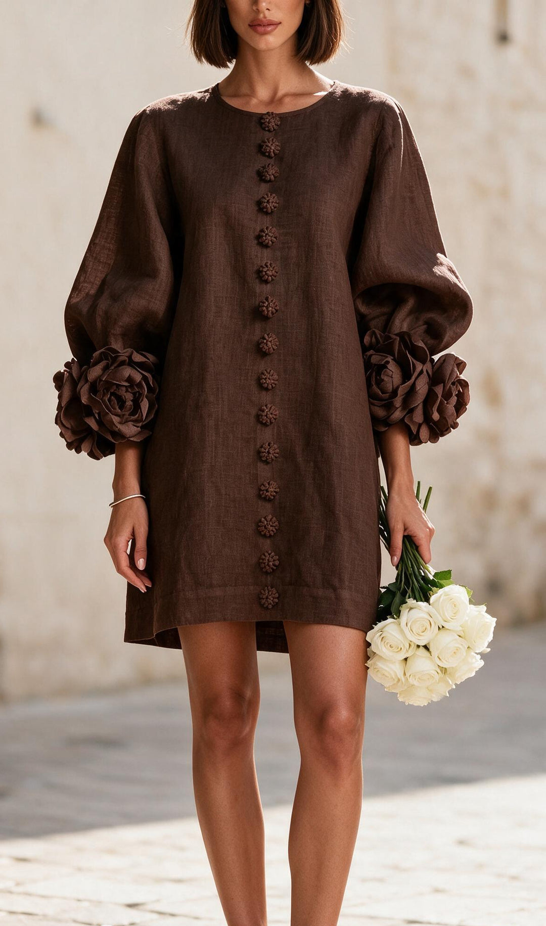 Damen Kurzkleid aus Leinen mit voluminösen Ballonärmeln und 3D-Blumenmanschetten Nord Taschen