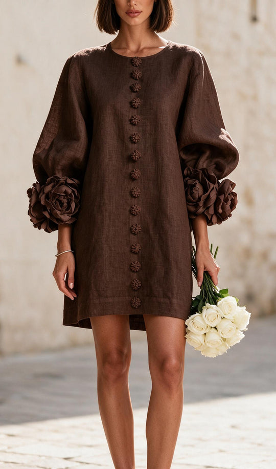 Damen Kurzkleid aus Leinen mit voluminösen Ballonärmeln und 3D-Blumenmanschetten Nord Taschen