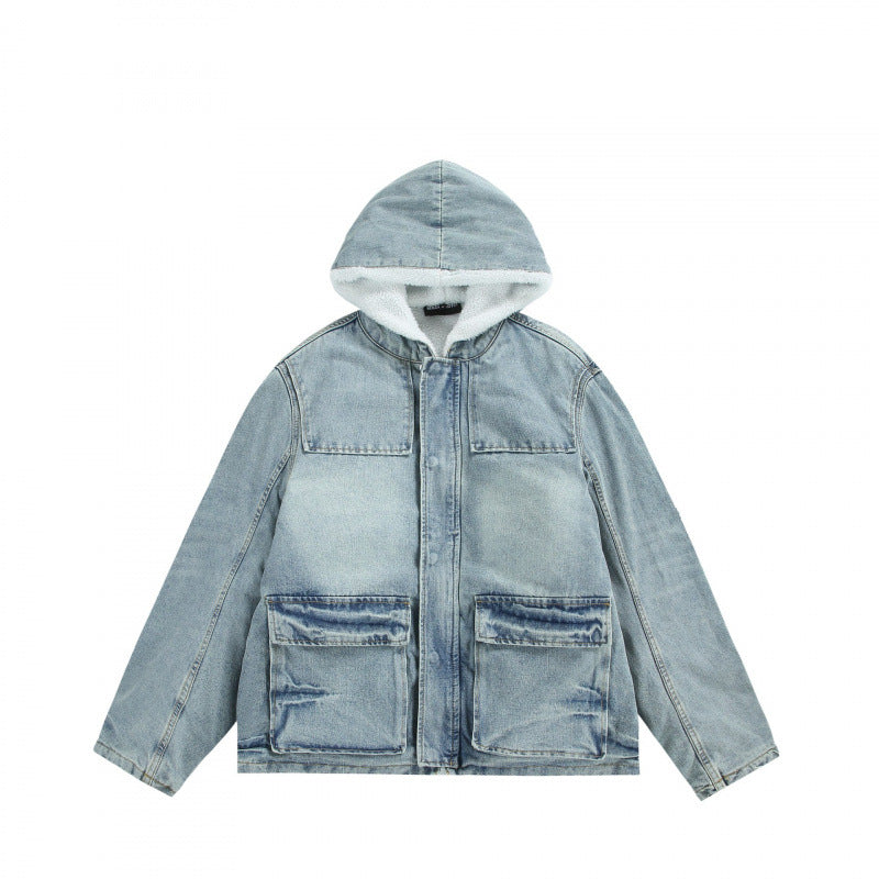 Unisex Kapuzen-Jeansparka im Used‑Look mit Teddyfleece-Futter und aufgesetzten Pattentaschen Nord Taschen