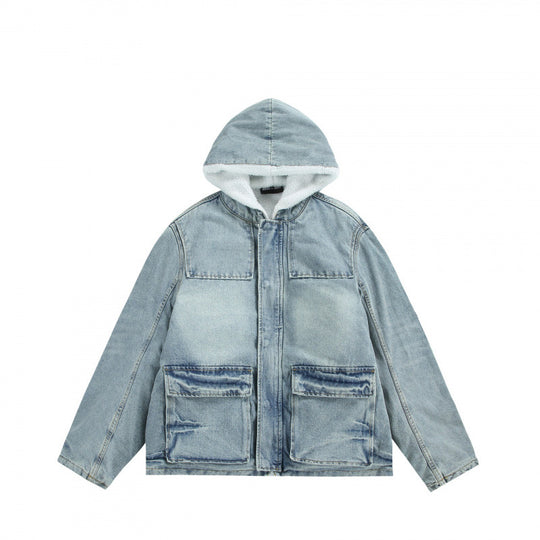Unisex Kapuzen-Jeansparka im Used‑Look mit Teddyfleece-Futter und aufgesetzten Pattentaschen Nord Taschen