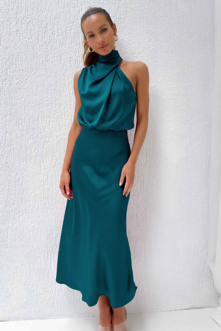 Damen Fließendes Maxikleid mit elegantem Stehkragen und Drapierung