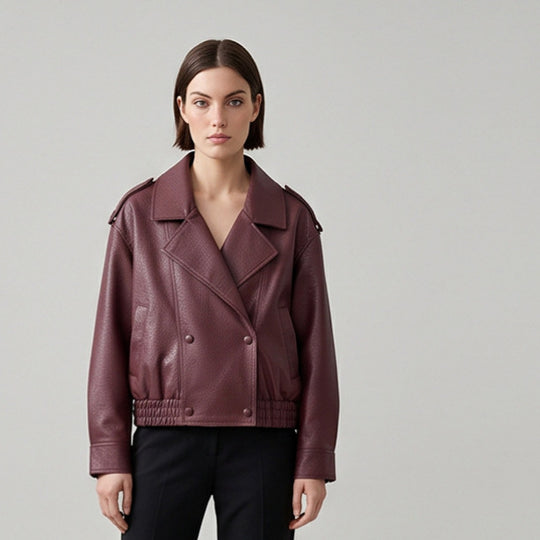 Damen Boxy-Lederimitat-Blouson mit strukturierter Narbung, doppelreihiger Knopfleiste & elastischem Saum Nord Taschen