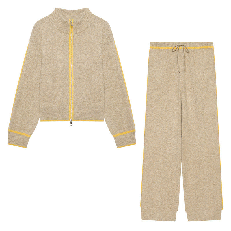Damen Zweiteiliges Strick-Loungewear-Set mit kurzem Reißverschluss-Cardigan und hoher Bund-Palazzo-Hose Nord Taschen