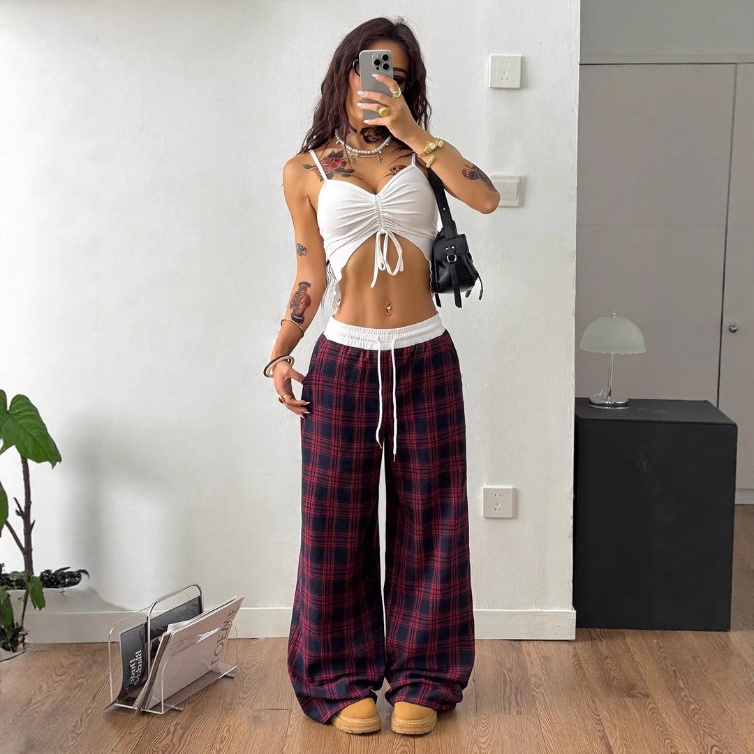 Damen Karierte Relax-Hose mit weitem Bein, Rippbund und Eingrifftaschen Nord Taschen