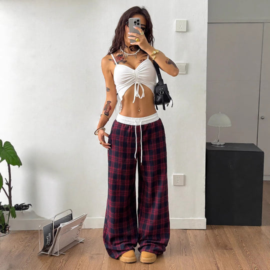 Damen Karierte Relax-Hose mit weitem Bein, Rippbund und Eingrifftaschen Nord Taschen