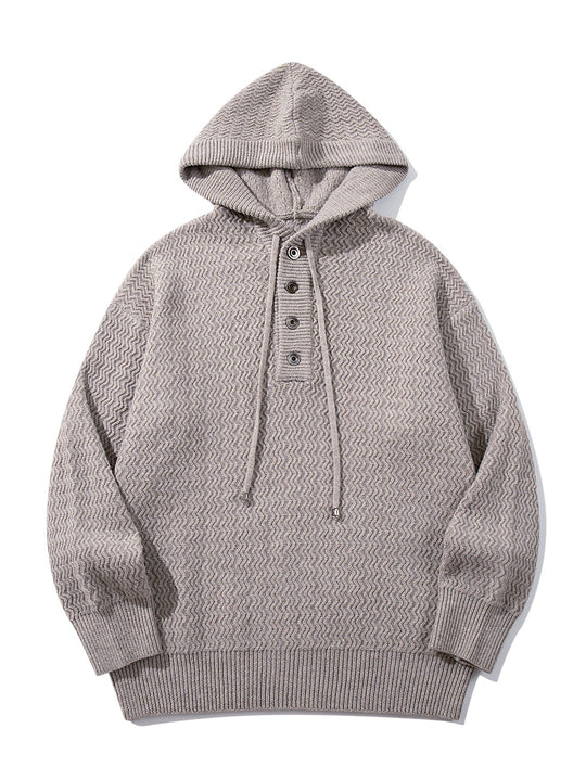 Unisex Strukturierter Kapuzen‑Strickpullover mit Henley‑Knopfleiste Nord Taschen