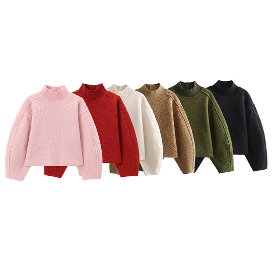 Damen Oversize Cropped Pullover mit Stehkragen und Ballonärmeln Nord Taschen