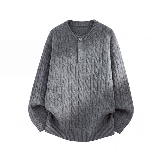 Unisex Oversize Zopfmuster-Strickpullover mit Henley-Knopfleiste Nord Taschen