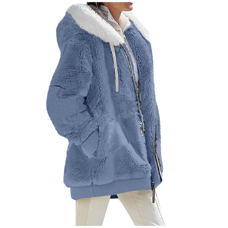 Damen Kuschelige Teddy-Kapuzenjacke mit Kontrastbesatz, Reißverschluss und Eingrifftaschen Nord Taschen