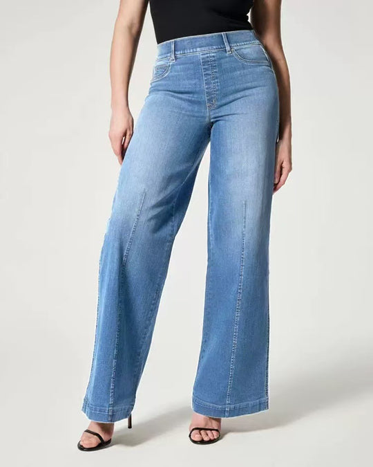 Damen Hochtaillierte Weitgeschnittene Jeanshose mit geradem Bein Nord Taschen
