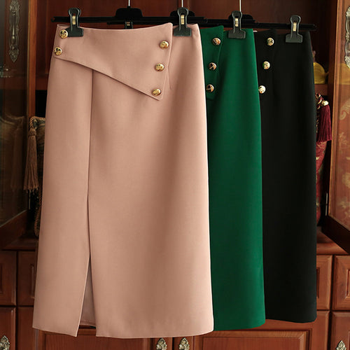 Damen Eleganter Midirock mit asymmetrischem Schnitt und Goldknöpfen Nord Taschen