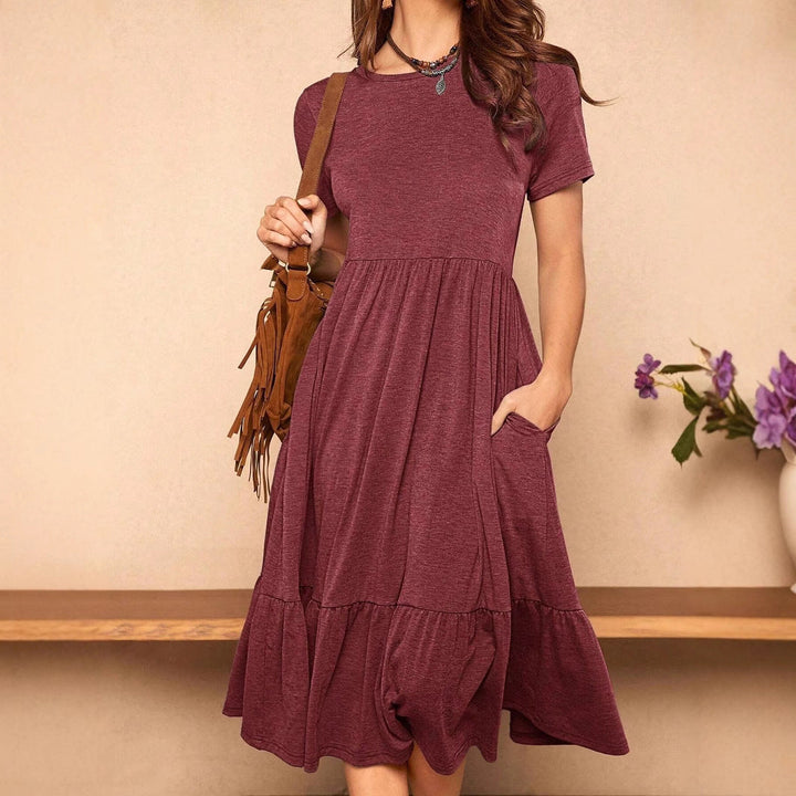 Damen lässiges Midikleid mit Taschen und voluminösen Rüschendetails