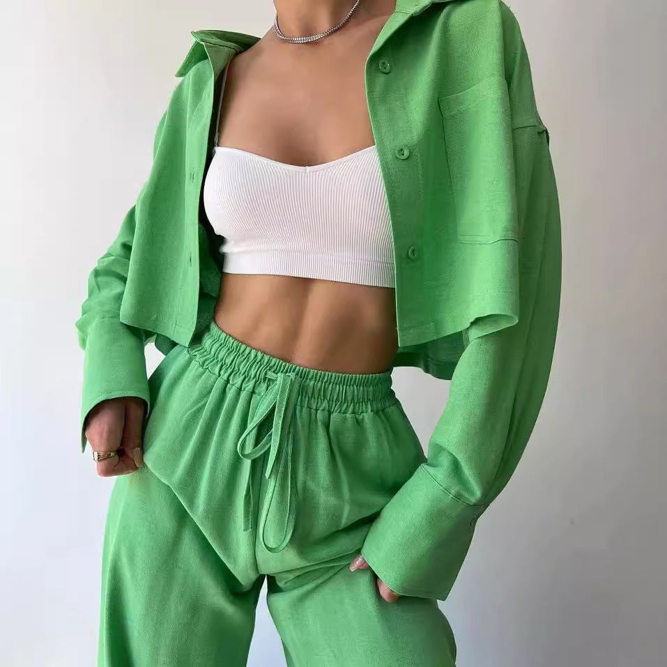 Damen Leinenoptik-Loungewear-Set mit Cropped-Overshirt und High-Waist-Tunnelzughose Nord Taschen