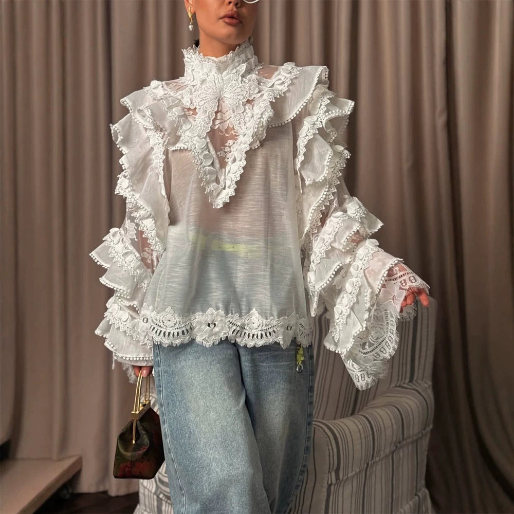 Damen Transparente Spitzenbluse mit Volant-Ärmeln und hohem Stehkragen Nord Taschen