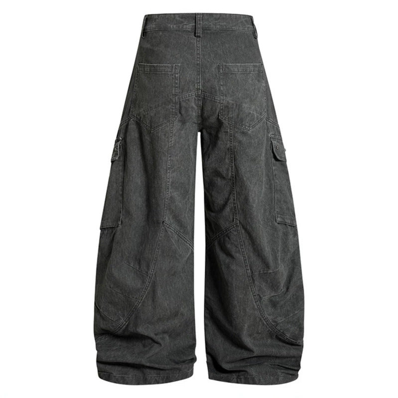 Damen Weite High‑Waist Cargo‑Culotte‑Jeanshose mit Pattentaschen und Vintage‑Wash Nord Taschen