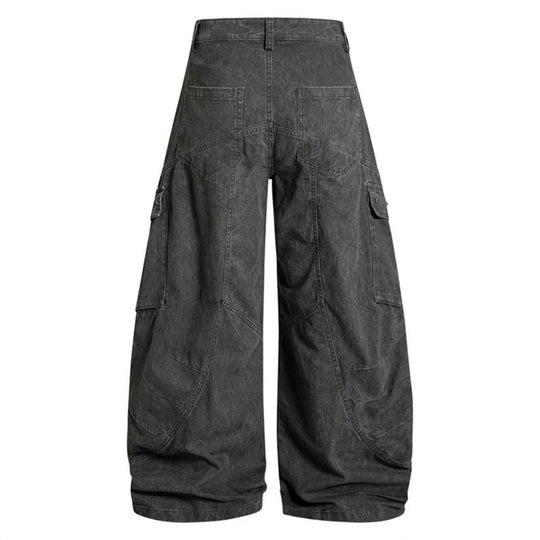 Damen Weite High‑Waist Cargo‑Culotte‑Jeanshose mit Pattentaschen und Vintage‑Wash Nord Taschen