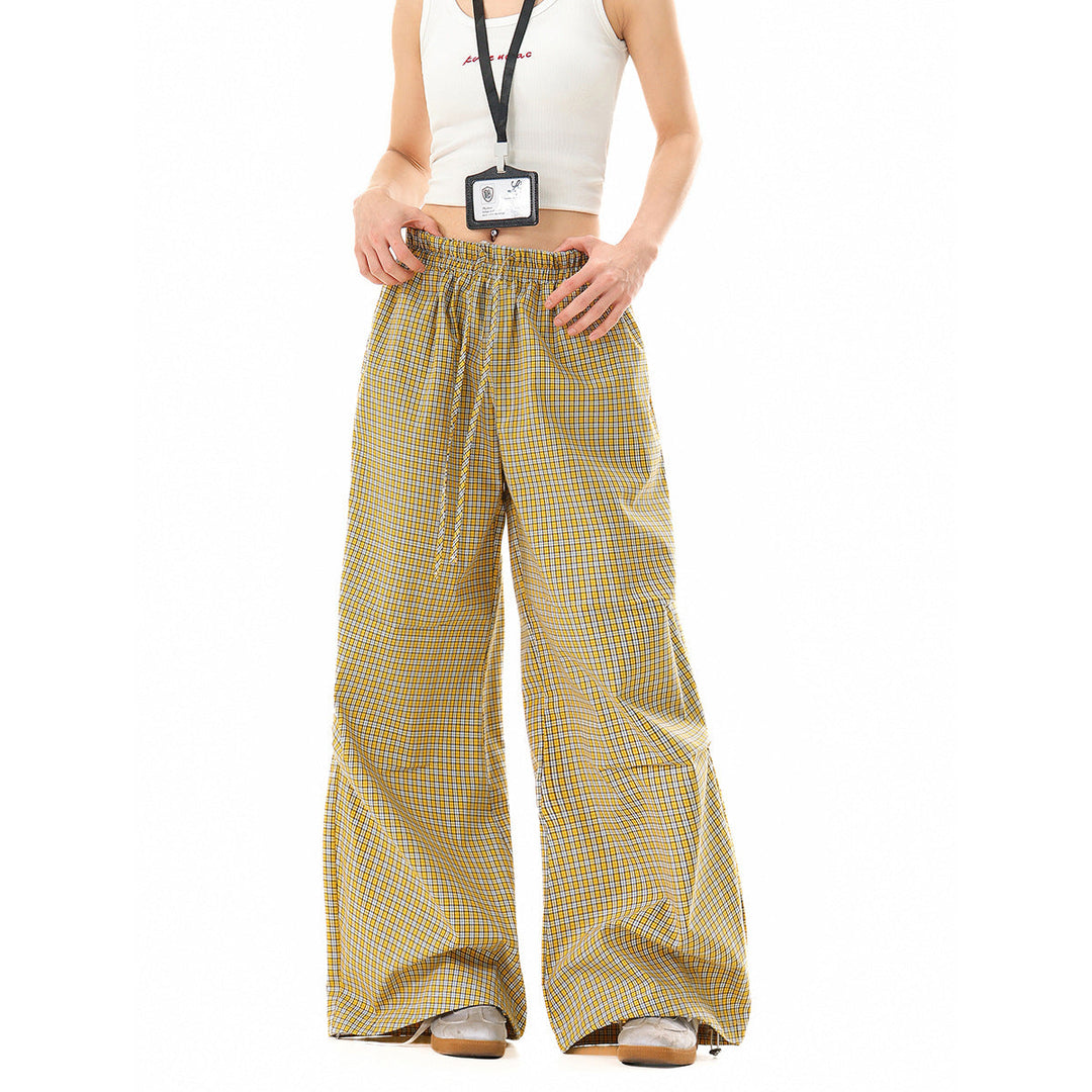 Damen Weite Baumwollhose mit elastischem Bund, Karomuster und verstellbarer Saumkordel Nord Taschen