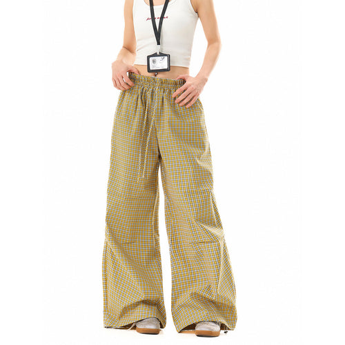 Damen Weite Baumwollhose mit elastischem Bund, Karomuster und verstellbarer Saumkordel Nord Taschen