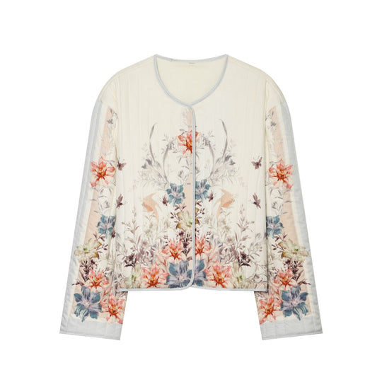 Damen Gestepptes Cropped Übergangsjacke mit floraler Allover-Print und Rundhalsausschnitt Nord Taschen