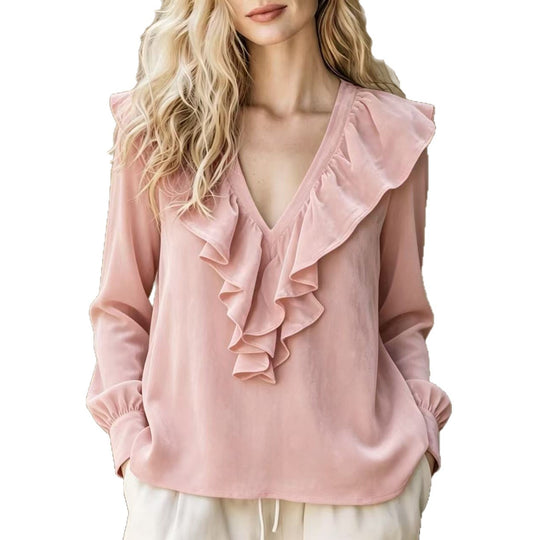 Damen Rüschige V-Ausschnitt-Bluse aus Chiffon mit Volantkragen und elastischen Manschetten Nord Taschen