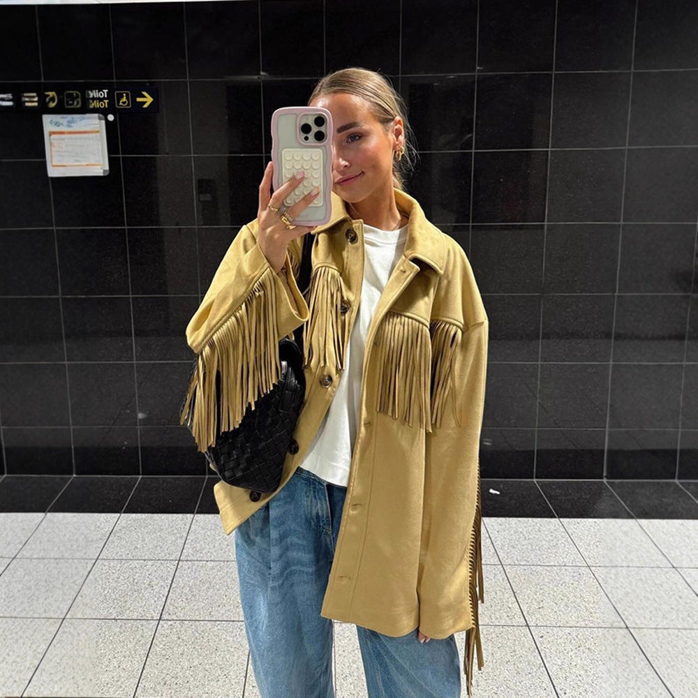 Damen Oversize Fransenjacke im Westernstil aus Veloursleder-Optik mit Hemdkragen Nord Taschen
