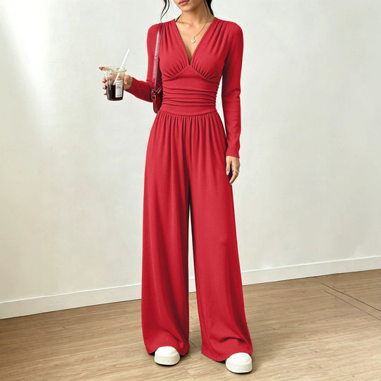 Damen Eleganter V‑Ausschnitt Jumpsuit mit tailliertem Wickelbund und weitem Hosenbein Nord Taschen