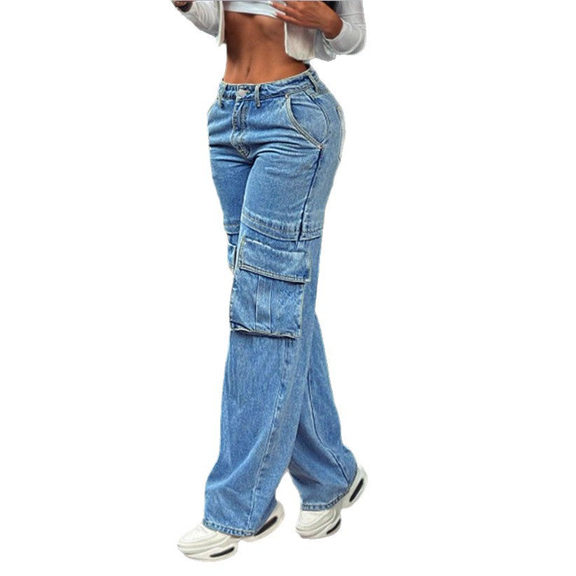 Damen tiefsitzende Wide‑Leg Cargo-Jeans mit XXL-Klappentaschen Nord Taschen