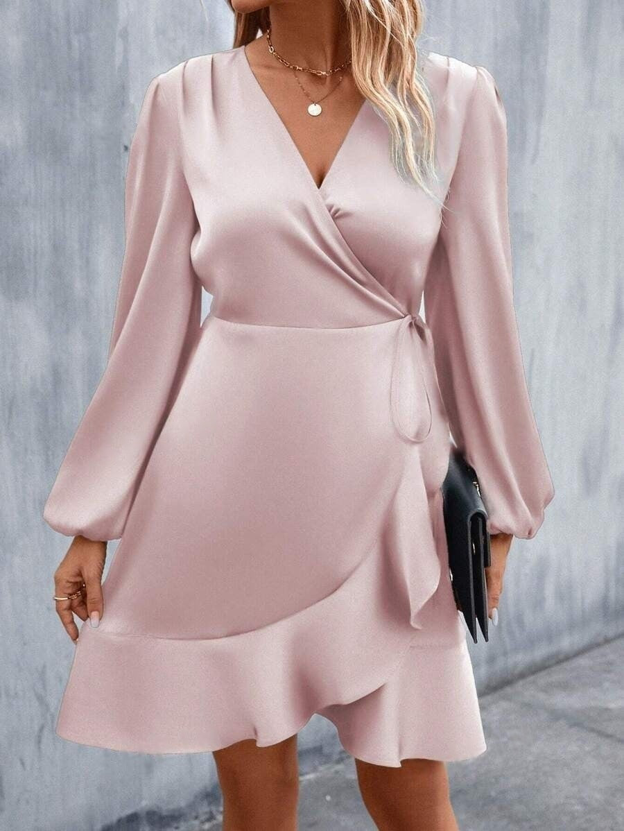 V-Ausschnitt Kleid Satin Taille Eng Niedrig Ausschnitt Lässig Midi Kleid Süß Frauen Kleidung