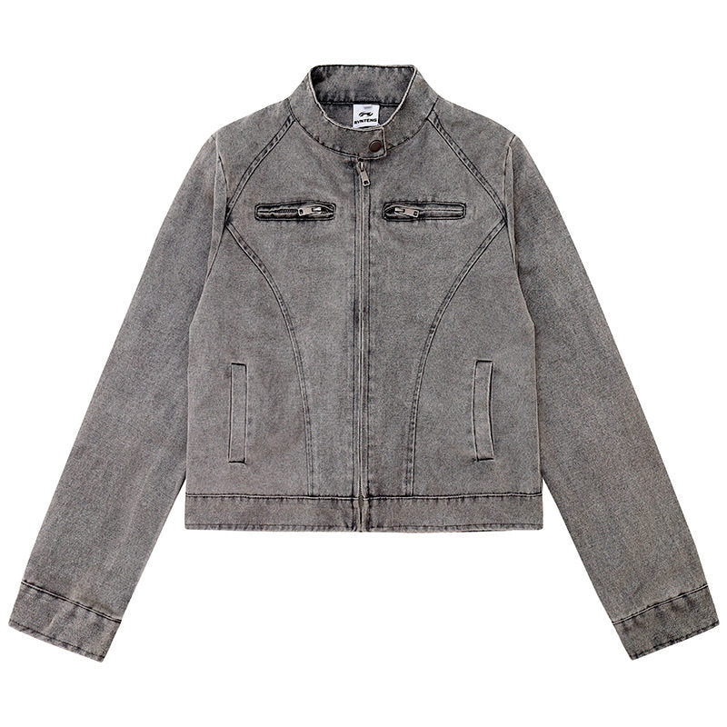 Damen kurze Bikerjacke aus Vintage‑Lederoptik mit Stehkragen und Brustzipper Nord Taschen