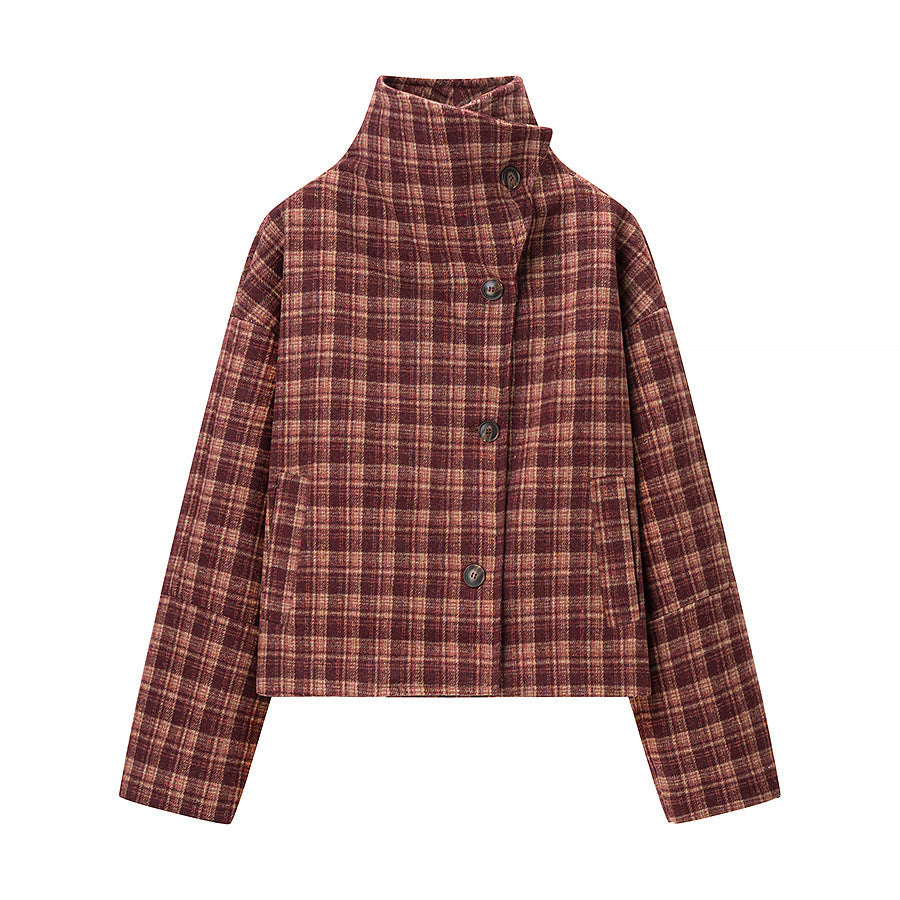 Damen Kurzjacke im Karomuster mit Boxy‑Schnitt, Stehkragen und asymmetrischer Knopfleiste Nord Taschen
