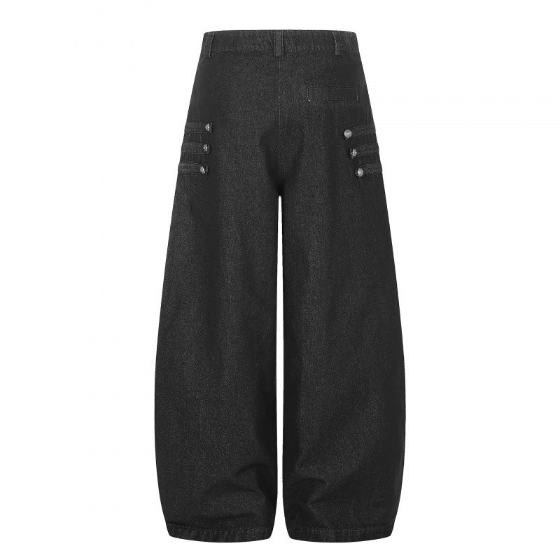 Damen Taillehohe Ballon-Jeanshose mit weitem Bein, Knopfdetail und elastischem Saum Nord Taschen