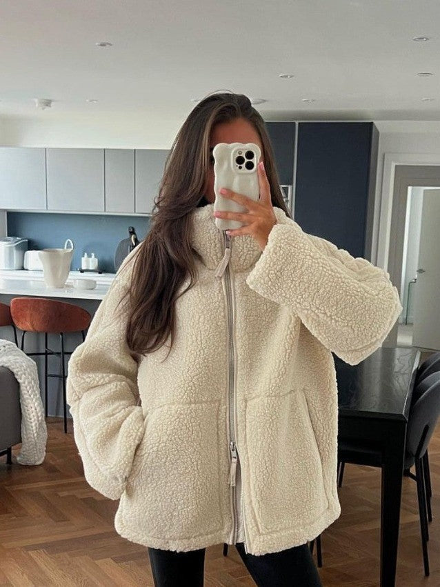Damen Oversize Teddy-Fleece Jacke mit Reißverschluss und Stehkragen Nord Taschen