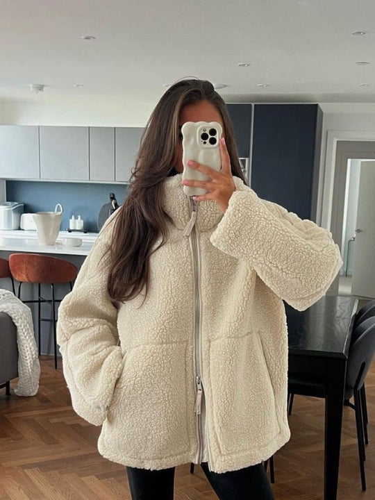 Damen Oversize Teddy-Fleece Jacke mit Reißverschluss und Stehkragen Nord Taschen
