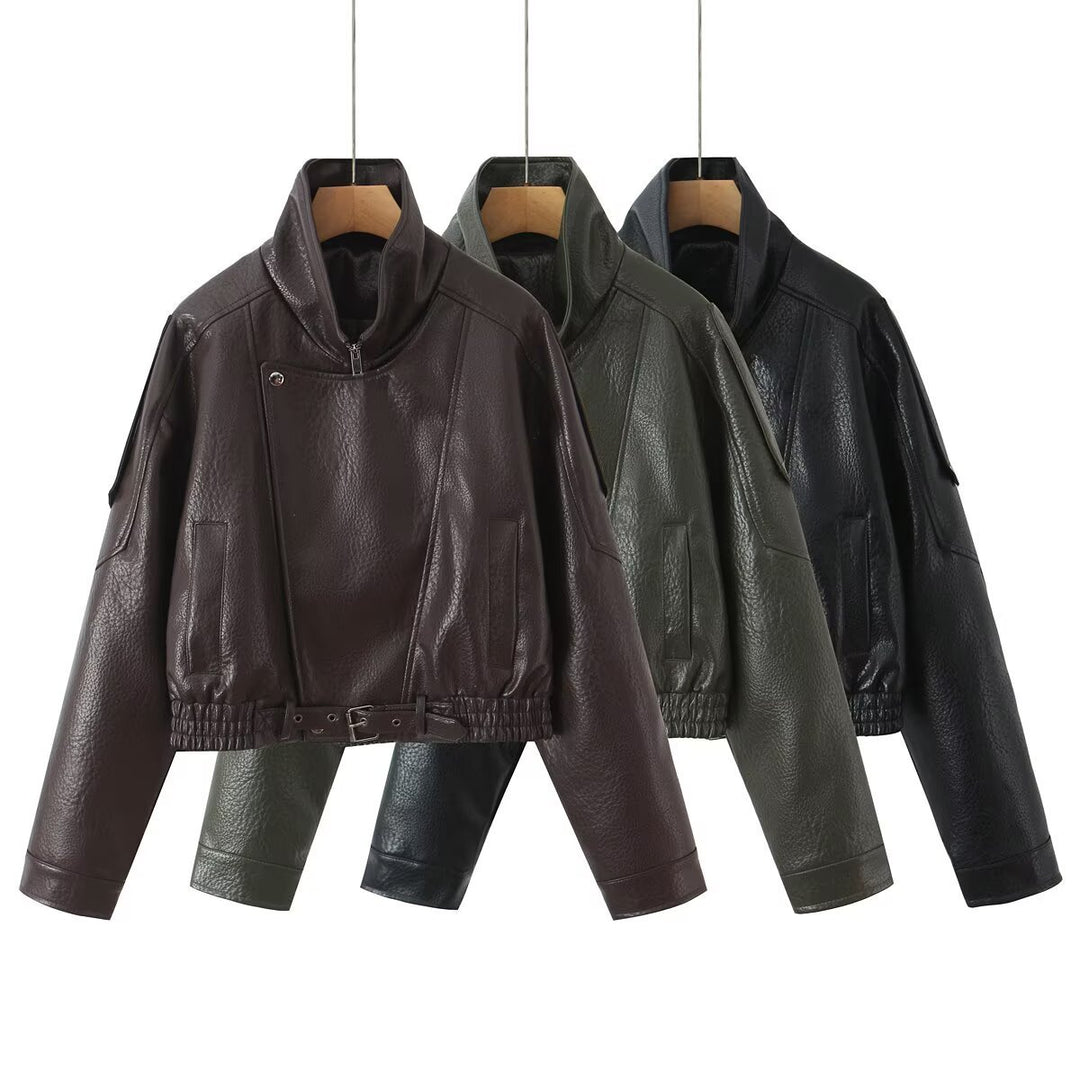 Damen Cropped Bikerblouson aus veganer Lederoptik mit asymmetrischer Frontpatte und Taillenbund Nord Taschen