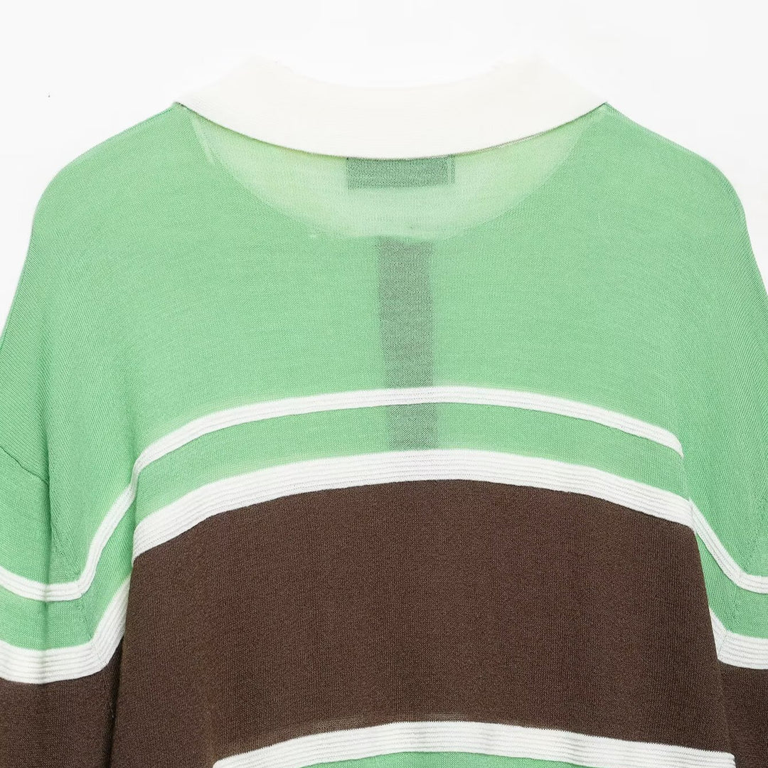 Damen Cropped Poloshirt-Strickpullover mit Rugby‑Streifen, Hemdkragen und geripptem Saum Nord Taschen