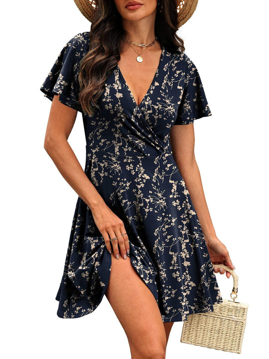 Damen Kurzärmeliges Wickelkleid mit floralen Mustern und V-Ausschnitt