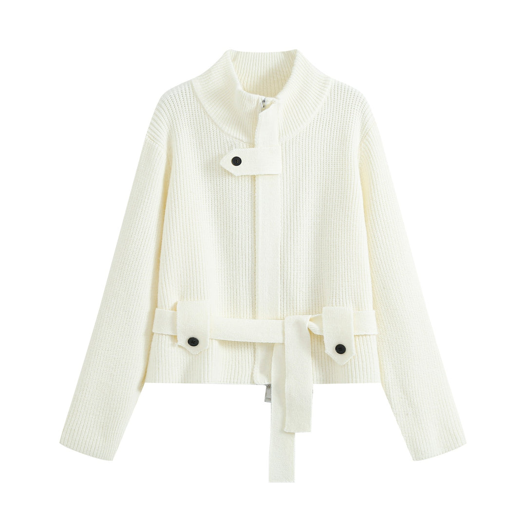 Damen Strickjacke mit Stehkragen, Reißverschluss und Taillenbindegürtel Nord Taschen