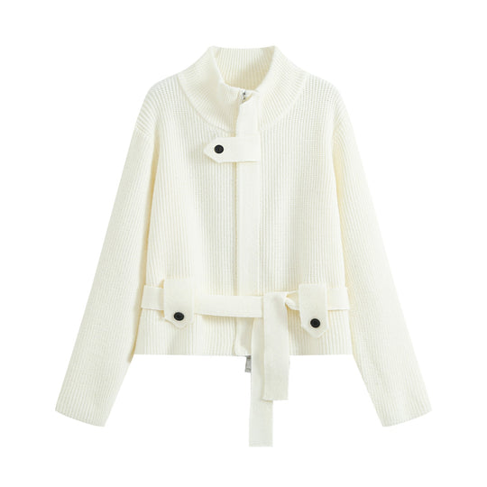 Damen Strickjacke mit Stehkragen, Reißverschluss und Taillenbindegürtel Nord Taschen