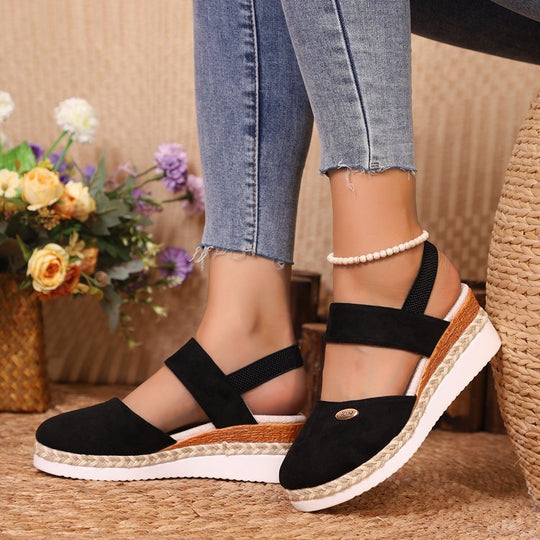 Damen  Espadrille-Keilpantoletten mit elastischem Fersenriemen, Veloursoptik-Obermaterial und geflochtenem Jute-Plateau Nord Taschen