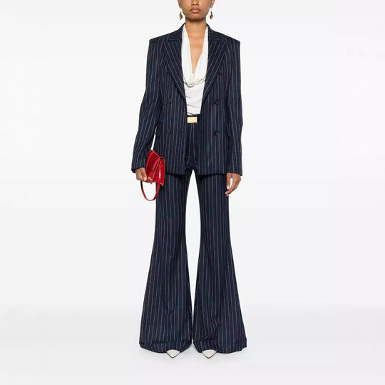 Damen Nadelstreifen Zweireihiger Blazer mit High‑Waist Schlaghose Nord Taschen