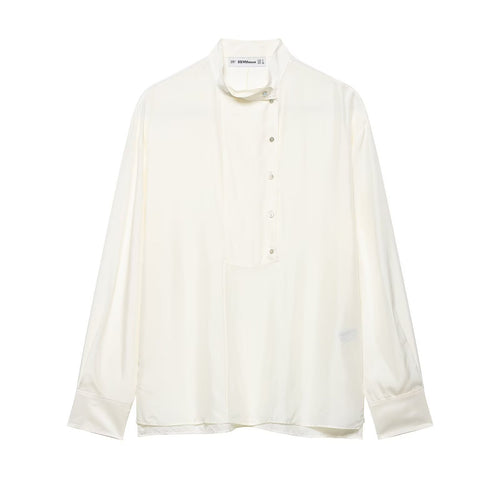 Damen Oversize-Seidenbluse mit Stehkragen und verdeckter Knopfleiste Nord Taschen