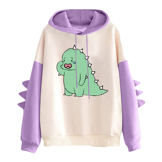Damen nan Kapuzenpullover mit niedlichem Dino-Print, kontrastkapuze und dekorativen Stoffstacheln Nord Taschen