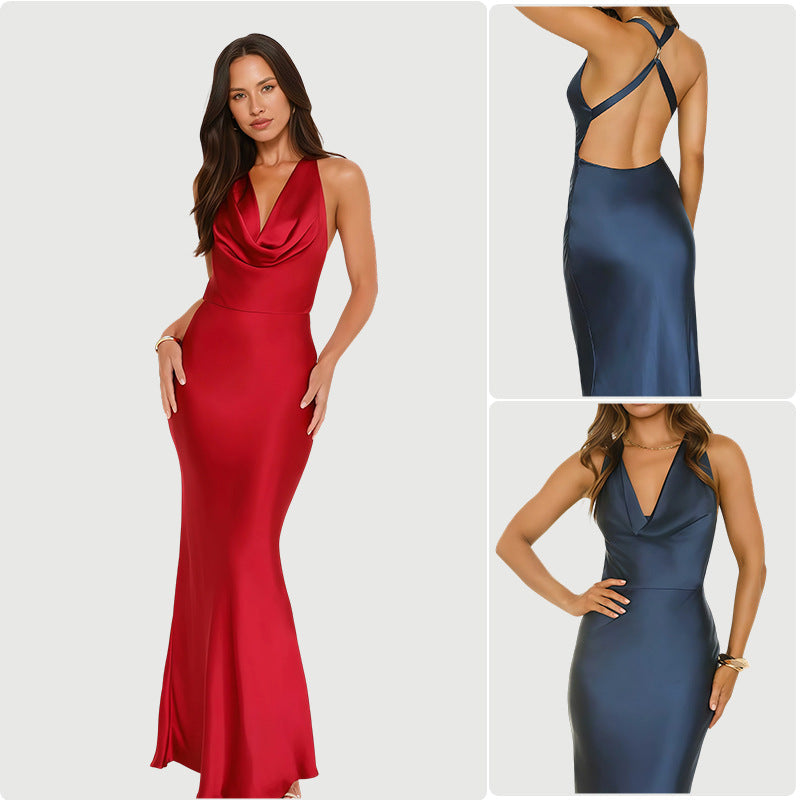 Damen Elegantes Satin Abendkleid mit tiefem Wasserfall-Ausschnitt und figurbetontem Schnitt Nord Taschen
