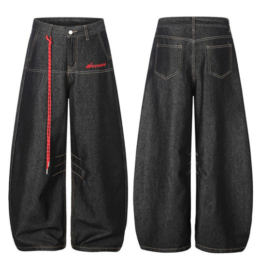 Damen Extraweite Palazzo-Jeans mit dekorativem Kordelzug und Ziernähten Nord Taschen