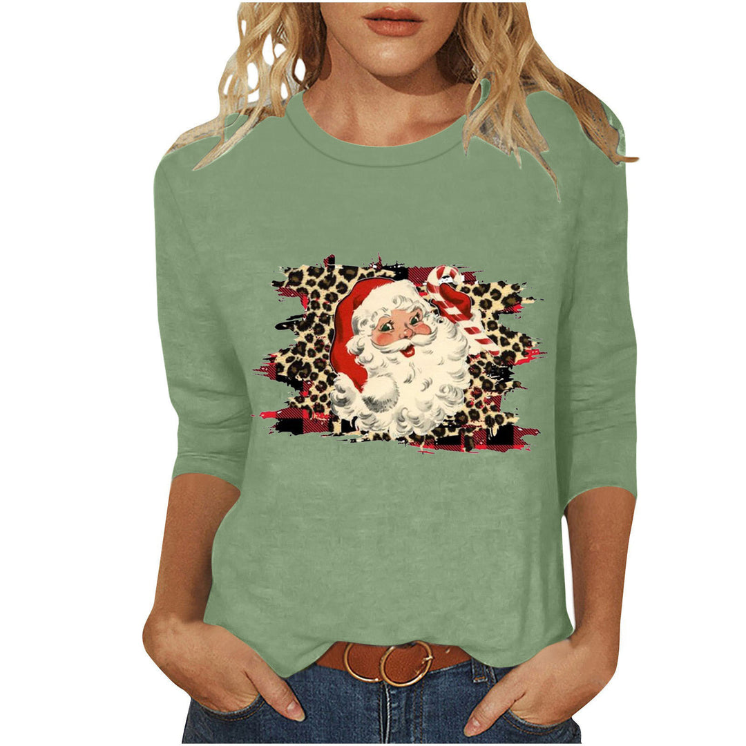 Damen nan lässiges Sweatshirt mit Retro-Weihnachtsmann-Print, Leoparden- und Karomuster und dreiviertelärmel Nord Taschen
