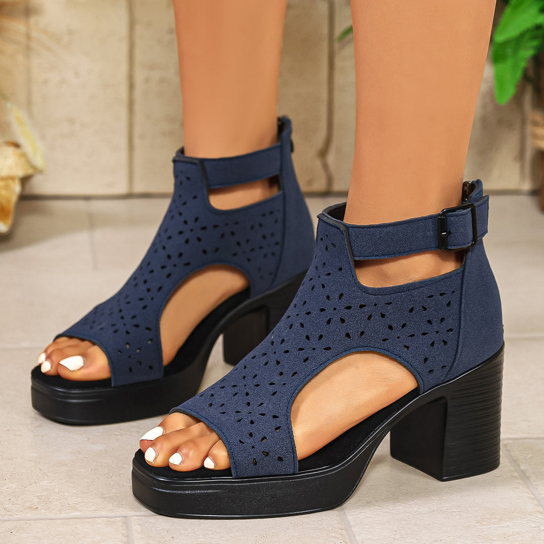 Damen  Cut-Out Knöchel-Sandalette mit mittelhohem Blockabsatz und perforiertem Veloursimitat Nord Taschen