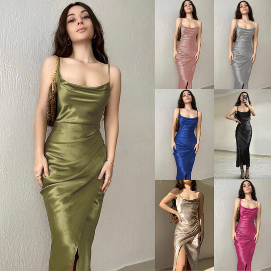 Damen modernes Satin-Midi-Kleid mit elegantem Wasserfallausschnitt und seitlichem Schlitz